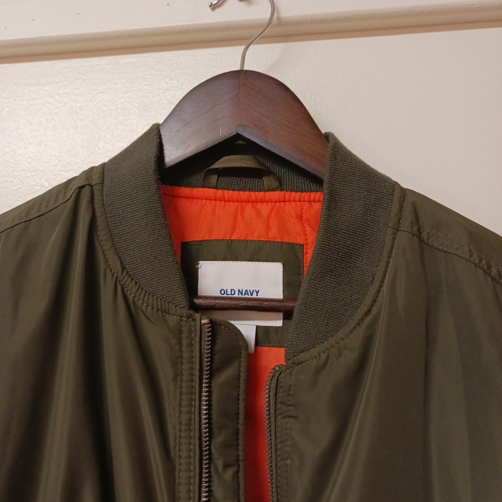 Olive Bomber Jacket | Size Large | Old Navy | Orange Lining - Picture 2 of 8